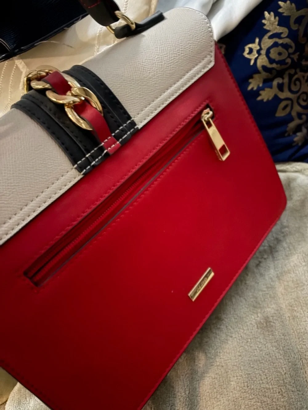 ALDO Red, Black & White Colorblock Top-Handle Satchel - Picture 3 of 4
